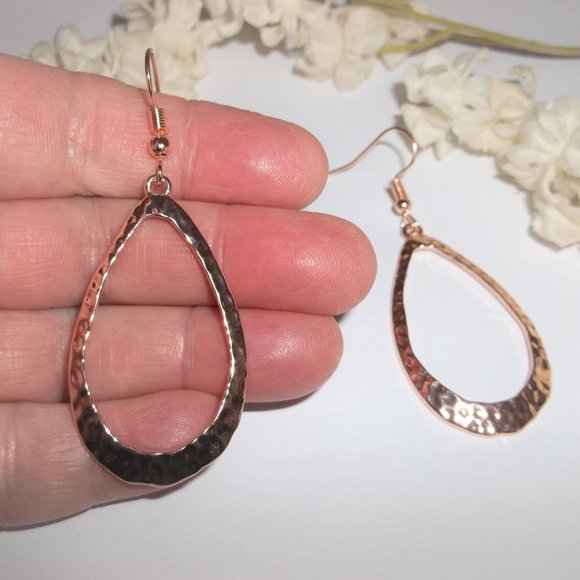 Hoop Earring Rose Gold Teardrop Hammered Metal Jewelry for Women Dangle Set A628 - Picture 5 of 5